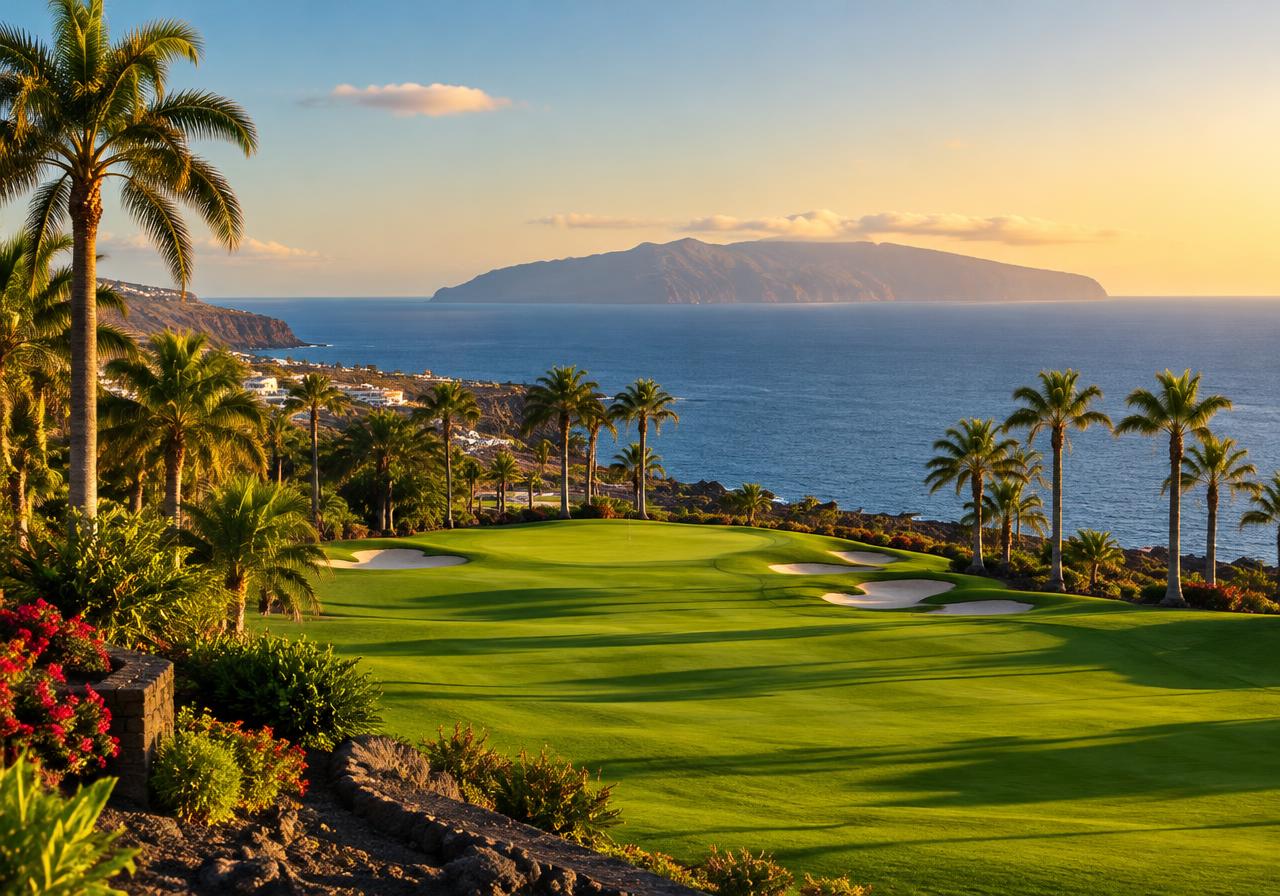 Golfové hřiště s palmami a výhledem na oceán